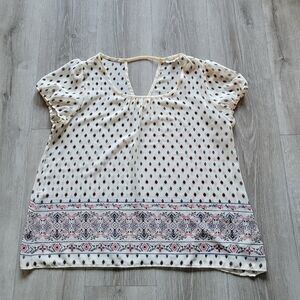 Women's L Blu Pepper Scoop Neck Cap Sleeve Keyhole Back Printed Sheer Blouse